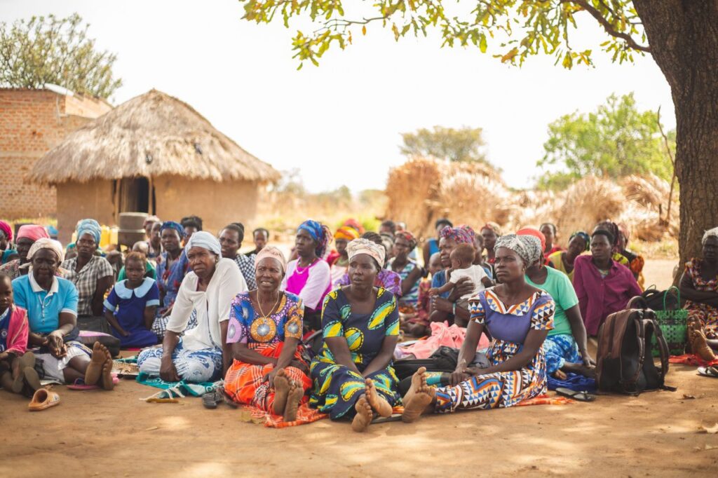 about-04 A diverse group gathered under a tree in an African village, showcasing vibrant cultural attire.
